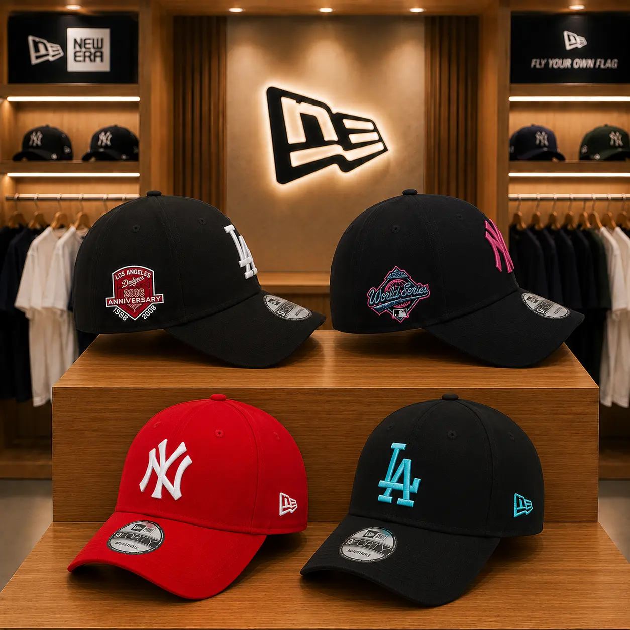 NY YANKEES & LA DODGERS NEW ERA 9FORTY Adjustable Curved Brim Baseball Cap – Classic Street Baseball Style for Everyday Wear, Lightweight Cotton Dad Hat, Embroidered Team Logo, Adjustable Strap, Casual Sports Hat for Men & Women