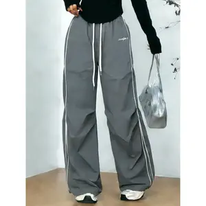 Y2K Baggy Parachute Pants for Women, High Waisted Wide Leg Track Pants with Contrast Piping, Lightweight Quick Dry Windbreaker Trousers, Casual Jogging Pants, 90s Streetwear Cargo Pants for Casual Daily, Gym, E-Girl Aesthetic Bottoms