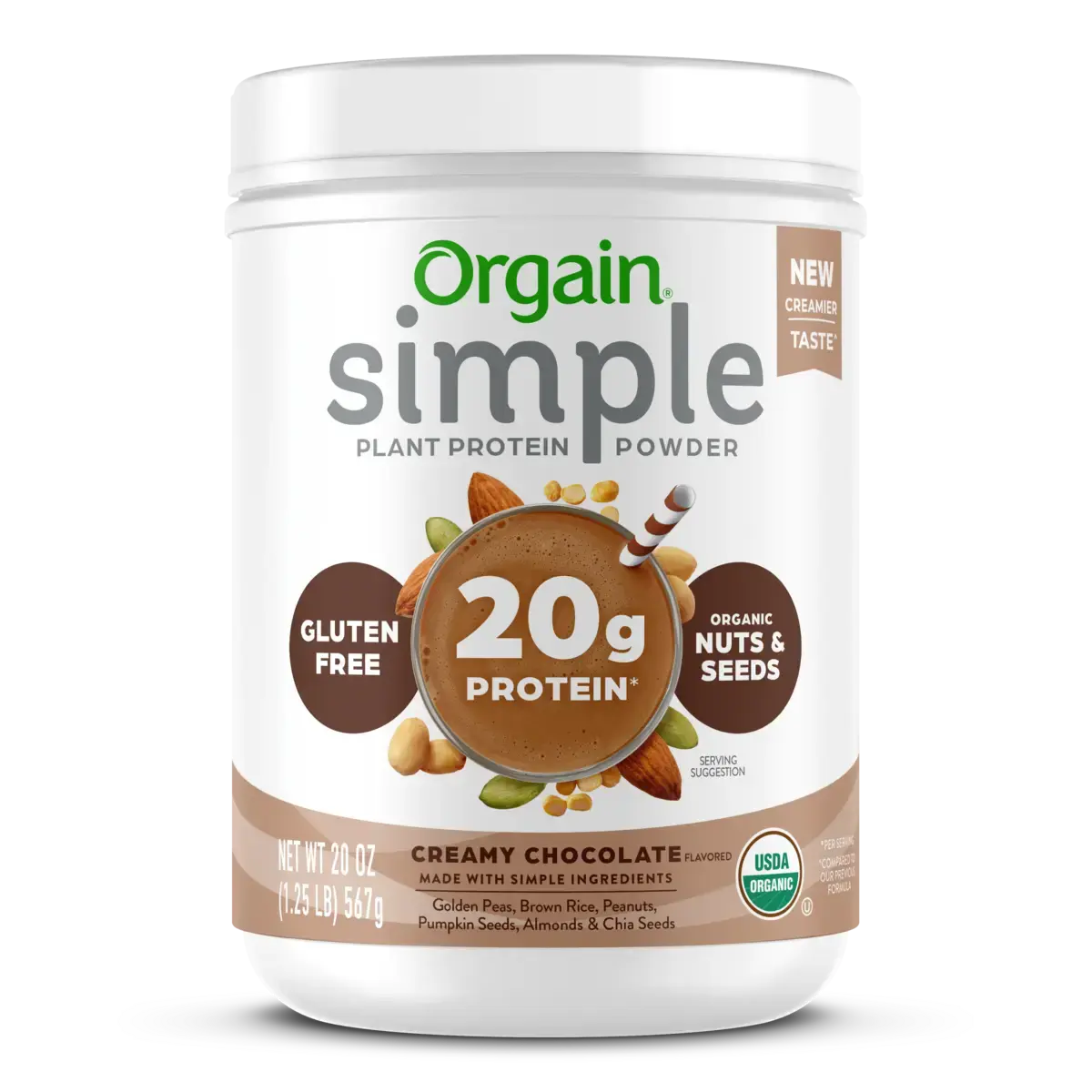 Orgain Simple Organic Plant-Based Protein Powder Creamy Chocolate | 20g Plant Protein | USDA Organic | Non-GMO | Certified Plant-Based | Gluten Free Protein Powder