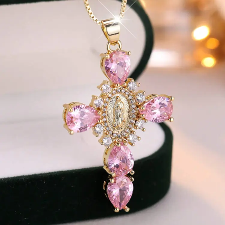 Cross Teardrop Color Pendant Necklaces,Virgin Mary Cross Necklace for Women,Female Jewelry,stunning Necklace Charm