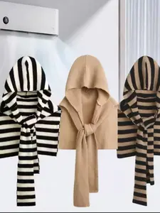 Knitted Striped Hooded Shawl Wrap, Stylish Breathable Multifunctional Accessory, Perfect for Layering, Parties, Travel, Air-Conditioned Rooms