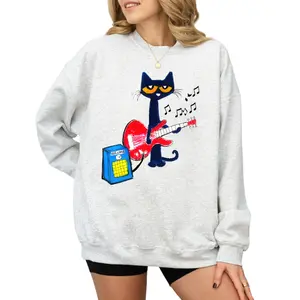 Pete the Cat Playing GuitarSweatshirt, Funny Cat Sweatshirt, Cat lover Gift, Casual Long Sleeve Crew Neck Sweatshirt for Fall & Winter, Women's Clothing for Daily Wear