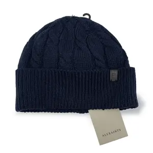 ALL SAINTS Cable Knit Beanie Navy Cozy Cold Weather Style Soft Warm Knit Feel Fold Over Cuff Subtle Logo Detail