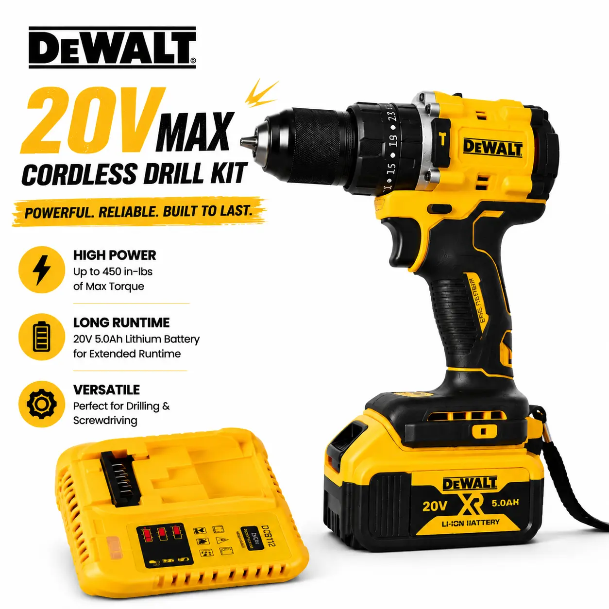 ()DEWALT Yellow Cordless Drill Set, High Torque Drilling & Screw Driving, Durable Metal Gear + High Strength Plastic Housing, Powerful Performance Long Battery Life Lightweight Design, Trending DIY Power Tool Kit, Home Repair Garage Workshop Projects