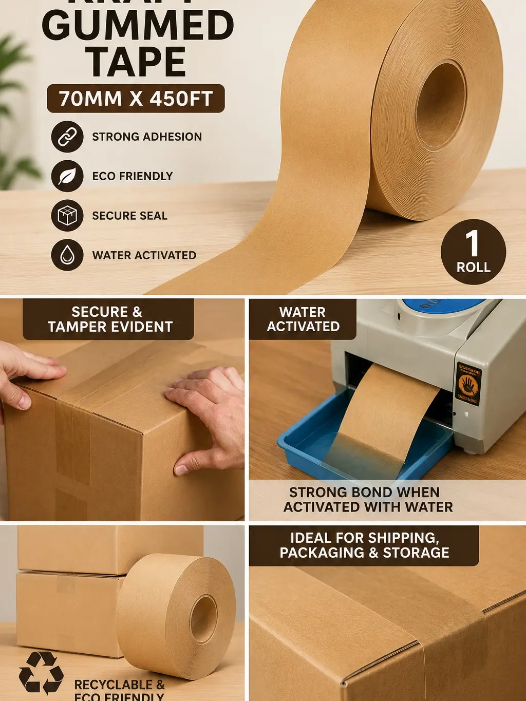 Kraft Gummed Paper Tape 70mm x 450ft – Water Activated Packing & Carton Sealing Tape