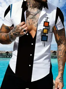 Men's Short Sleeve Collared Color Block Geometric Print Casual Shirt