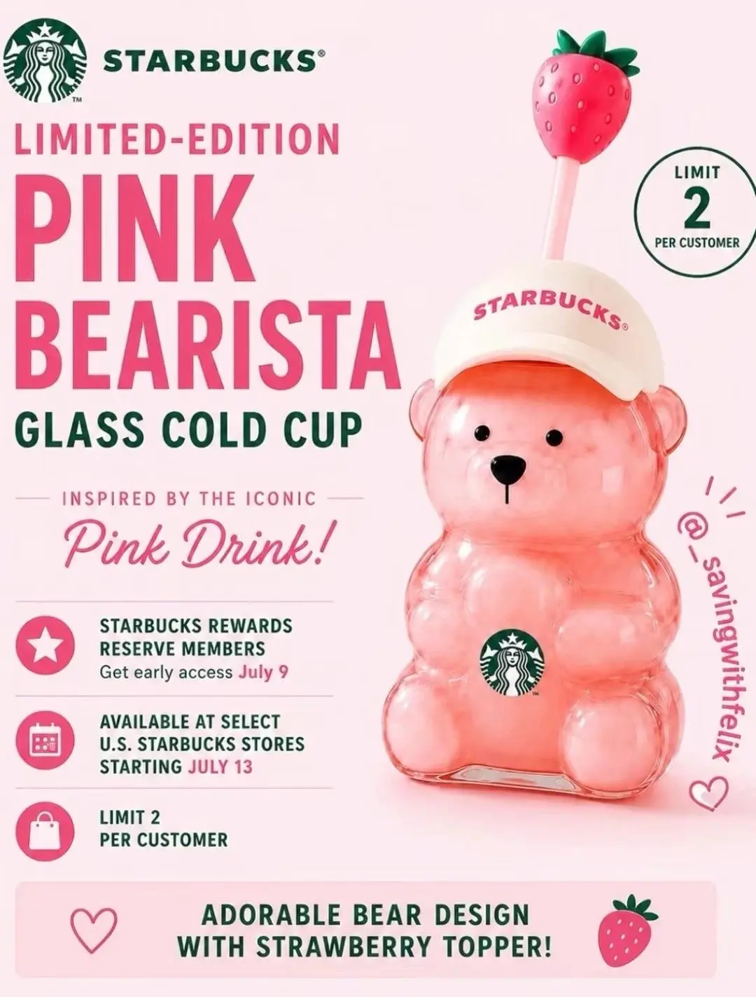 SummerWins Strawberry Bear Limited 2026 Starbucks Tumblers Strawberry Baseball cap Bearista Bear Cup, Creative Cocktail & Soda Glassware