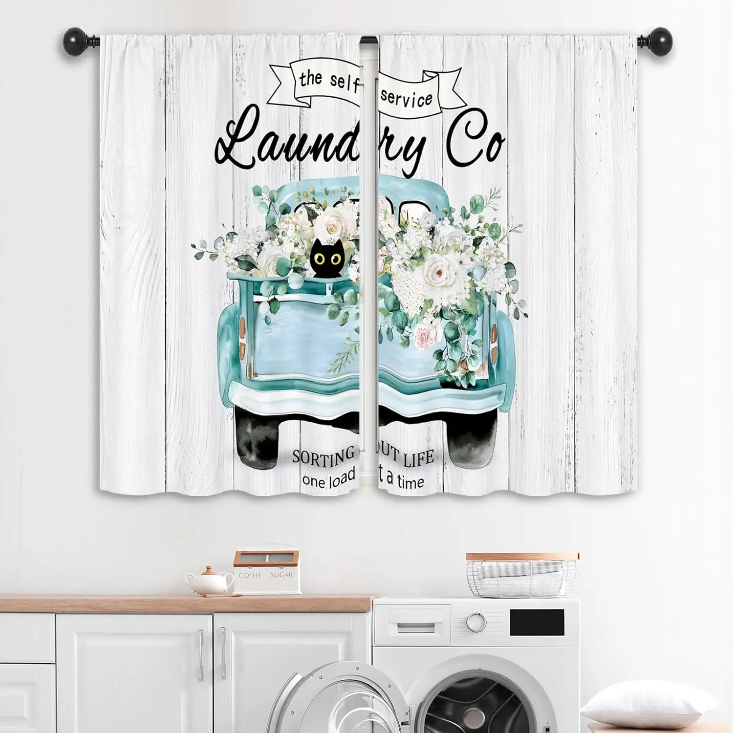 Farmhouse Rustic 2-Panel Rod Pocket Short Cafe Curtains, 27.5x39in Aqua Truck Floral Soft Light Filtering Kitchen Laundry Room Drapes, Durable Machine Wash Easy-Installation Window Decor