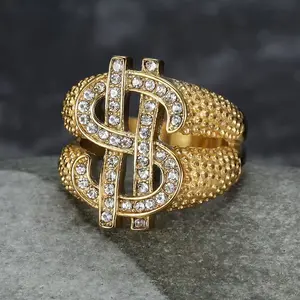 Dollar Symbol Stainless Steel Ring - Retro Hip-hop Zircon Design, Metal Accent, Novelty Look, Number-shaped, Rhinestone Statement Ring for Daily Parties & Gatherings, Punk Style Jewelry, Metal Accent Rings, Novelty Look Rings