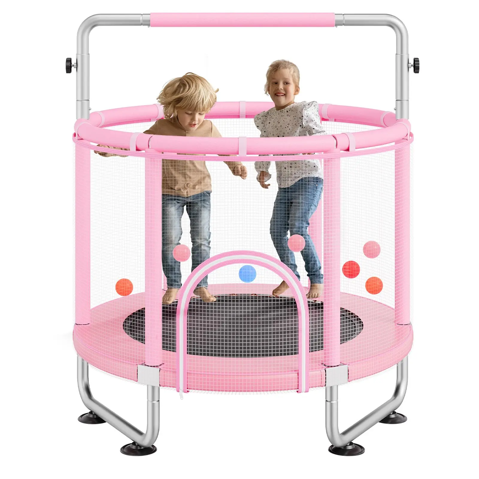 VEVOR 55" High-Bounce Outdoor Trampoline, 4.6FT Indoor Mini Toddler Trampoline with Safety Enclosure Net & Basketball Hoop, Pink Birthday/Christmas Gifts for 3+ Years Children, High-Bounce Outdoor Trampolines