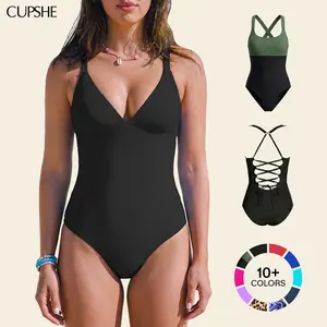 CUPSHE One-Piece Swimsuit: Plunging V Neck Sculpting Tummy Control Bathing Suit Swimswimsuits Swimwear with Adjustable Lace-Up Back (Size XS-3XL) Swimoutfit Bathing suit #Tiktokshopstockup#SummerVibes