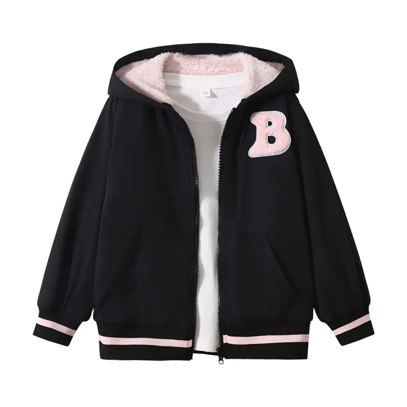 Girls' autumn and winter zippered hooded fleece jackets are fashionable and comfortable in winter, and everyday wild children's jackets are long-sleeved and wearable hooded jackets for children aged 4-12 Solid Color Coat