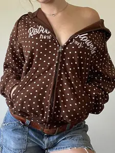 Women's Polka Dot Print Vintage College Style Graphic Hoodie Jacket, Casual Loose Fit Fall Winter Outerwear, Slim-Fitting Kint Fabric
