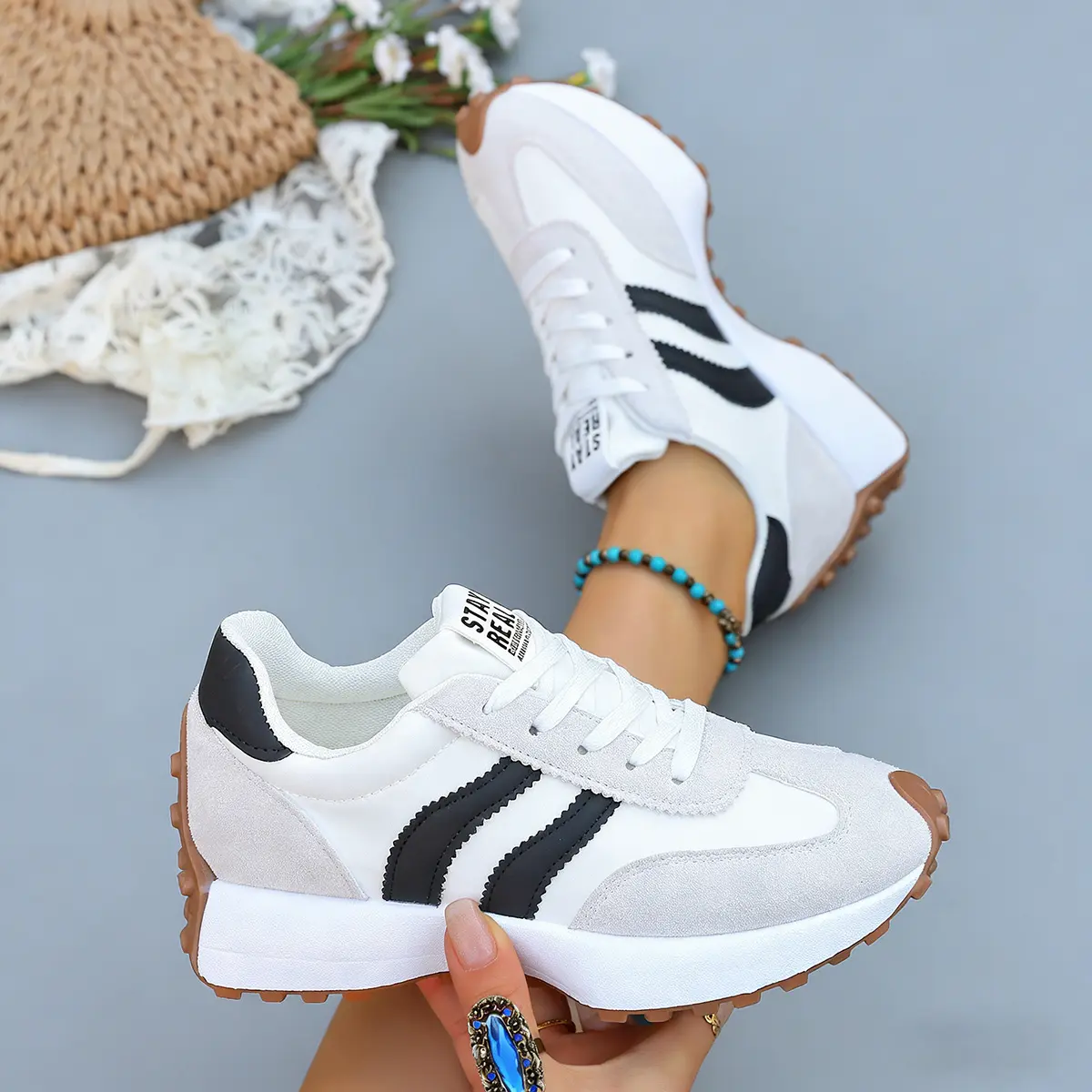 Women's Closed Round-Toe Platform Fabric Casual Sneakers - Color-Blocked Lace-Up Walking Shoes, Breathable Non-Slip Sports Shoes for Cross-Training, Spring-Autumn Outdoor Runner & Casual Outings, Trainer, Footwear, Athletic
