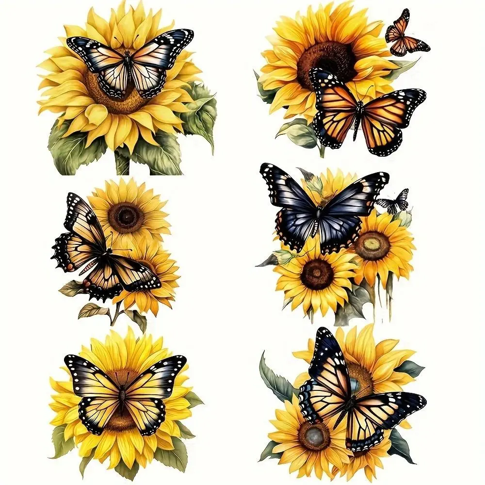 6pcs Sunflower & Butterfly Iron-On Patches, DIY Washable Vinyl Patch for Clothes Bags Hats, Decorative Fabric Appliques