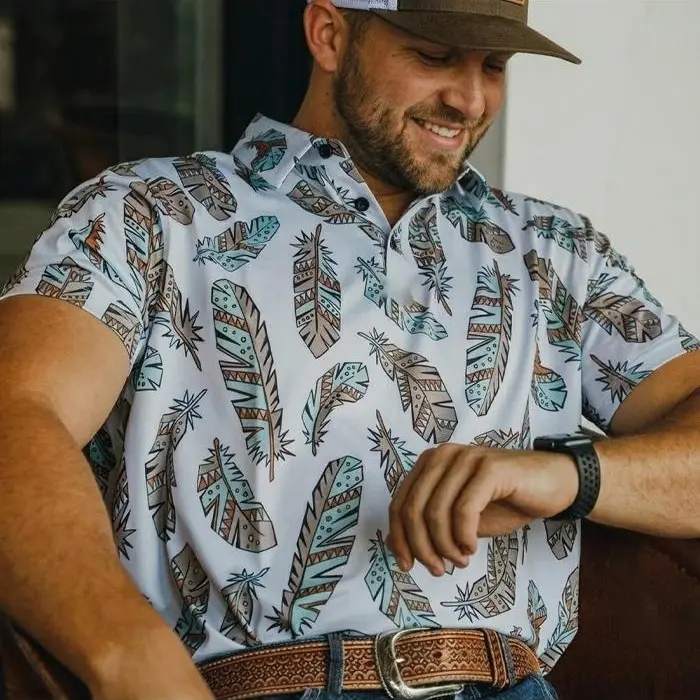 Aztec Feather Polo Shirt for Men, Western Cowboy Golf Shirt, Turquoise Southwestern Patterned Top, Native American Style Polo, Gift for Cowboy Husband Dad, Country Rodeo Casual Wear, White Boho Geometric Polo, Father Day Gift, Mens Summer Clothing