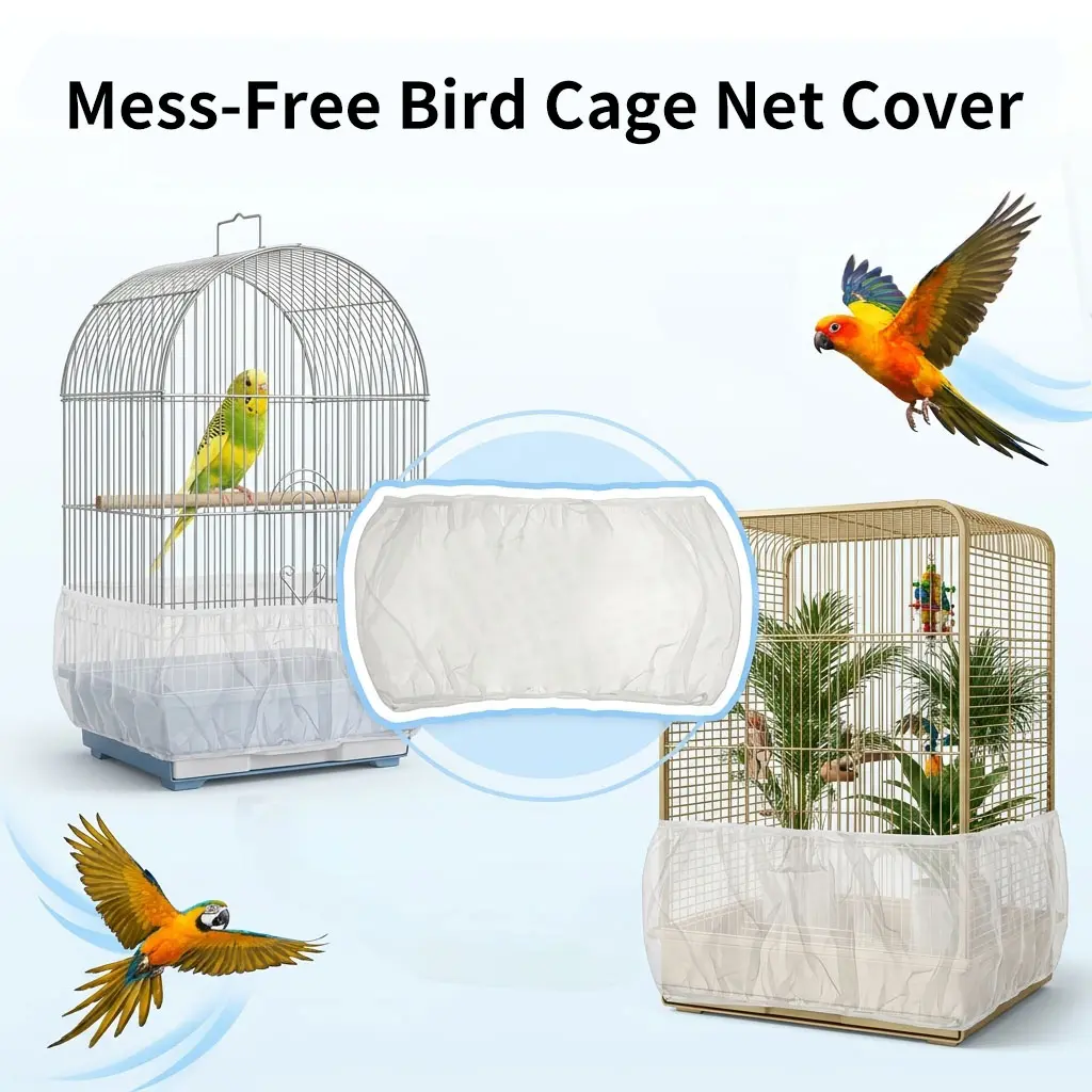 Bird Cage Net Cover with Liner - Ultimate Mess-Free, Adjustable Mesh Seed Catcher & Feather Guard for Bird Cages & Accessories, Bird Cage Liner