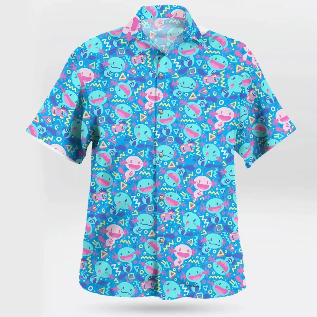 Fresh Summer Cute Blue Axolotl Hawaiian Shirt, Youthful Anime Wooper Pattern Aloha Shirt Short Sleeve, Quirky Video Game Graphic Men Women