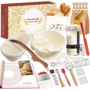 Sourdough Starter Kit, 9" Round & 10" Oval Banneton Bread Proofing Basket, Sourdough Bread Baking Supplies with Sourdough Starter Jar & Bread Slicer, Sour Dough Kit Gifts for People Who Love Baking