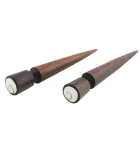 Areng Wood Fake Gauge Sea Shell Tapers Tribal Earrings