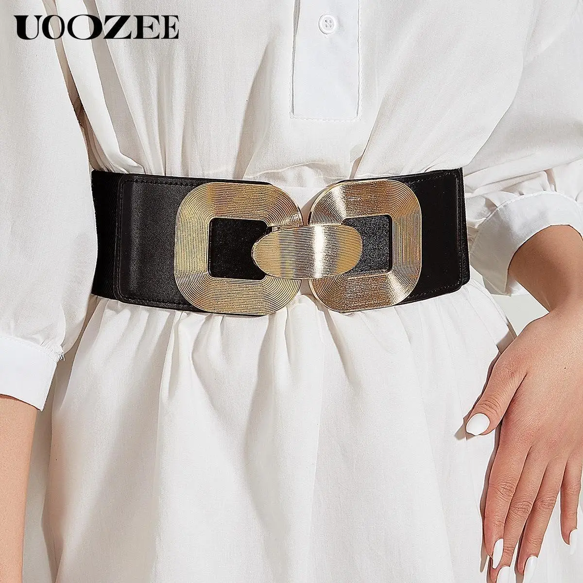UOOZEE Women's European-American Style Design Belt - Elastic Statement Belt for Coats, Dresses, Suits, Waist-Tightening Decor Accessory, Fits 27-31.5in Waist, Statement Belts Waistband Buckle