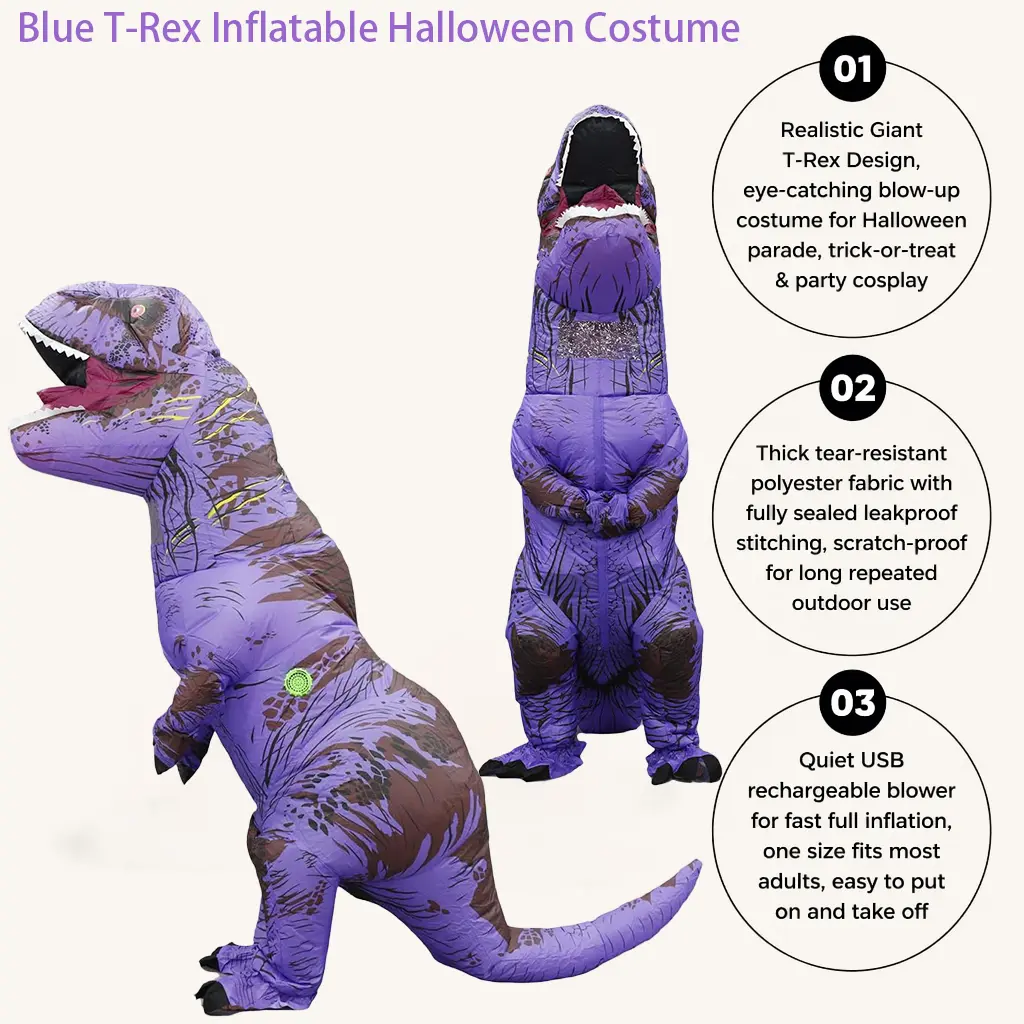 Purple T-Rex Inflatable Costume for Adults, Realistic Giant Dinosaur Blow Up Cosplay Suit, Tear Resistant Polyester Leakproof Outfit with Quiet USB Rechargeable Blower, Ideal for Halloween Parade, Trick-or-Treat & Backyard Costume Party