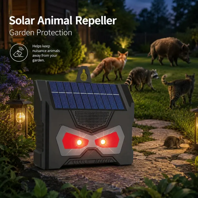 SAIJZEK Solar-Powered Rechargeable Animal Repeller - 500mAh Lithium Battery Ultrasonic Deterrent with Dual-Color LED Modes, Waterproof, Automatic Night Operation, 125g Device for Rodents, Birds, Farms & Garden Protection (Solar Outdoor Lights Included), B