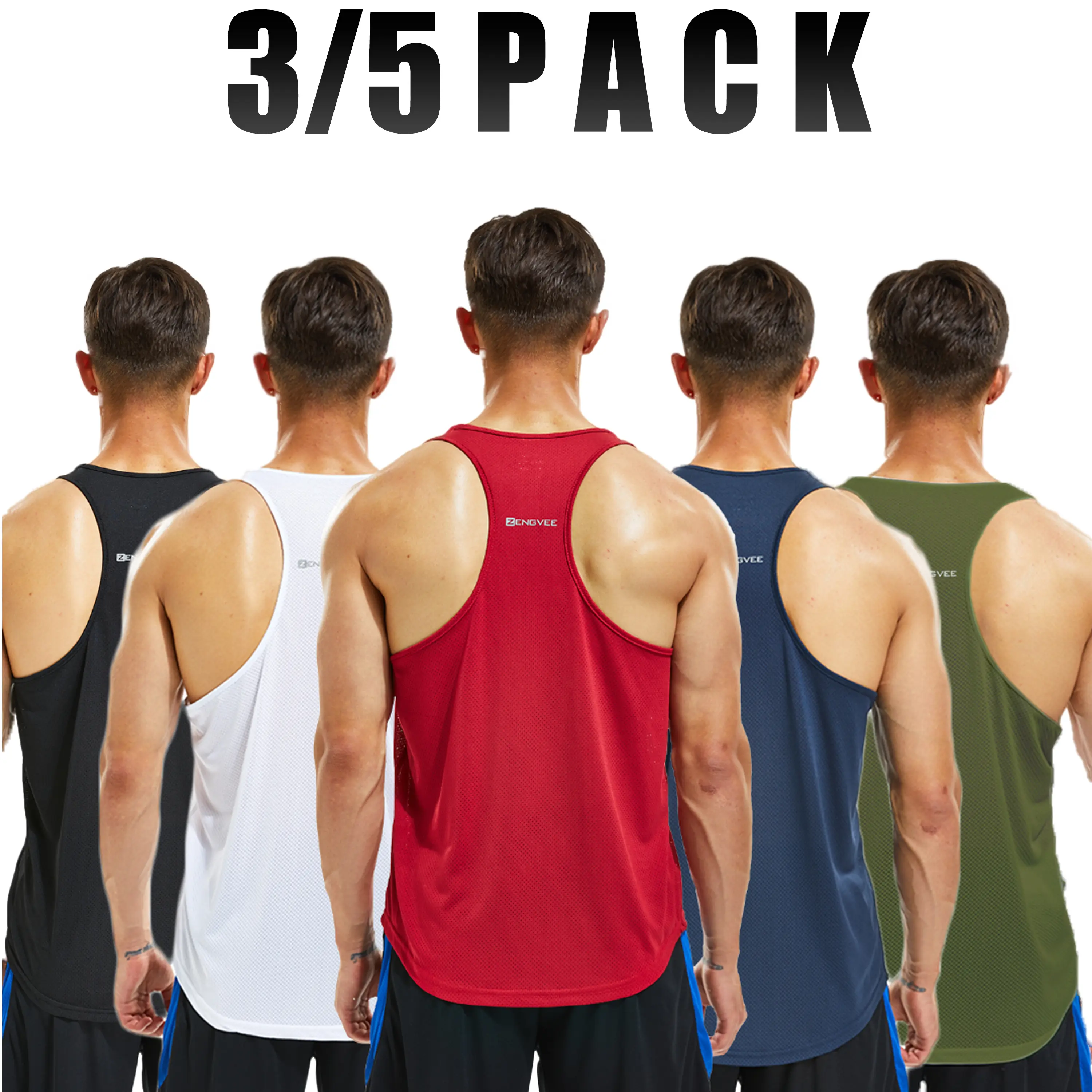 Men's 3/5-Pack Fitted Y-Back U-Neck Quick-Dry Breathable Polyester Workout Tank Tops, Stringers for Bodybuilding, Gym, Outdoor Running