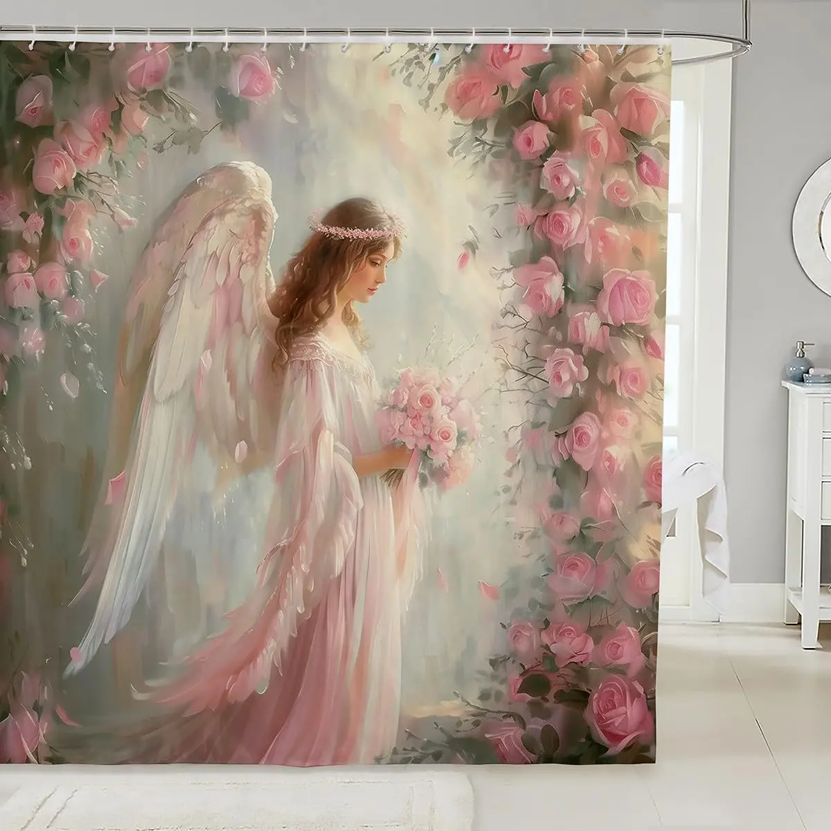 Angel Floral Waterproof Bathroom Curtains Dreamy Angel Wings Shower Curtain Romance Pink Rose Bath Curtain Flower Shower Accessories