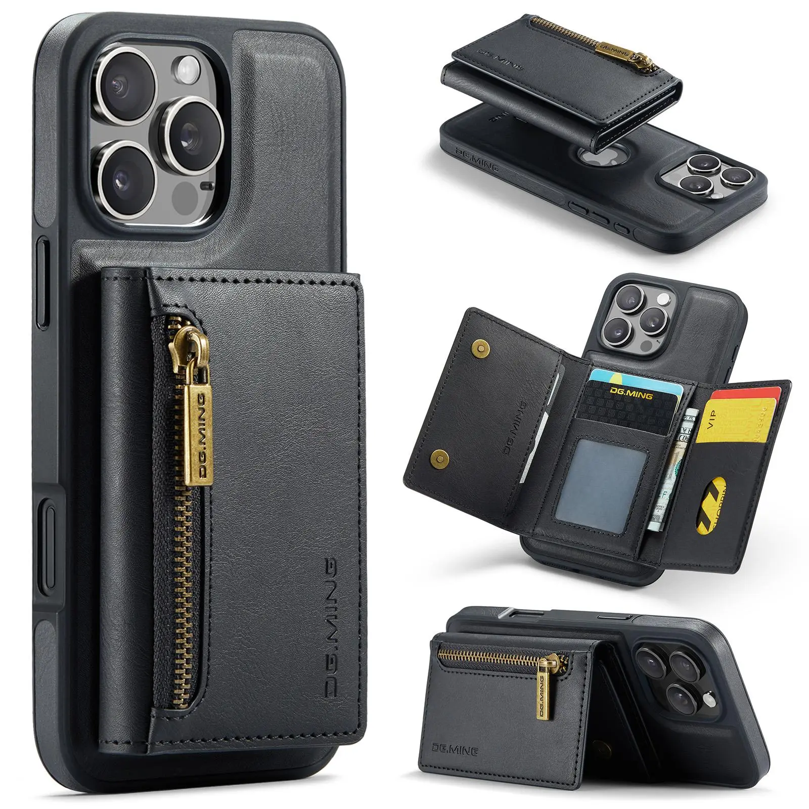 2-in-1 leather zipper magnetic card bag with left and right opening phone case suitable for Apple iPhone 17, 16 Pro Max 15, 13, 12 Pro Max compatible with wireless charging, multi card slot wallet, Cash, with card insertion, anti drop Accessories