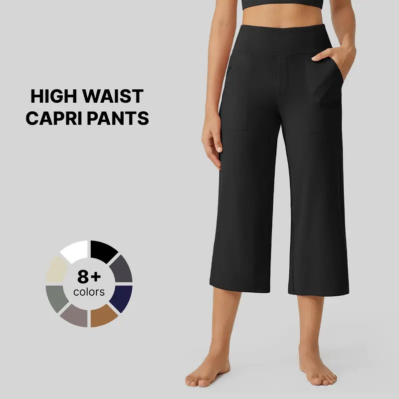 G4Free Capri Pants for Women Wide Leg Yoga Dress Cropped Pants Capri Leggings with Pockets for Casual Summer