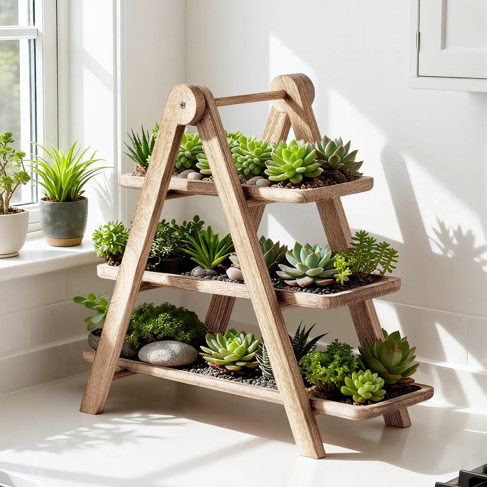 Wooden 3-Tier Serving Tray, Rustic Farmhouse Rectangular Tiered Stand, Decorative Display Platter for Countertop Decor Snacks Cosmetics Plants & Daily Organizing