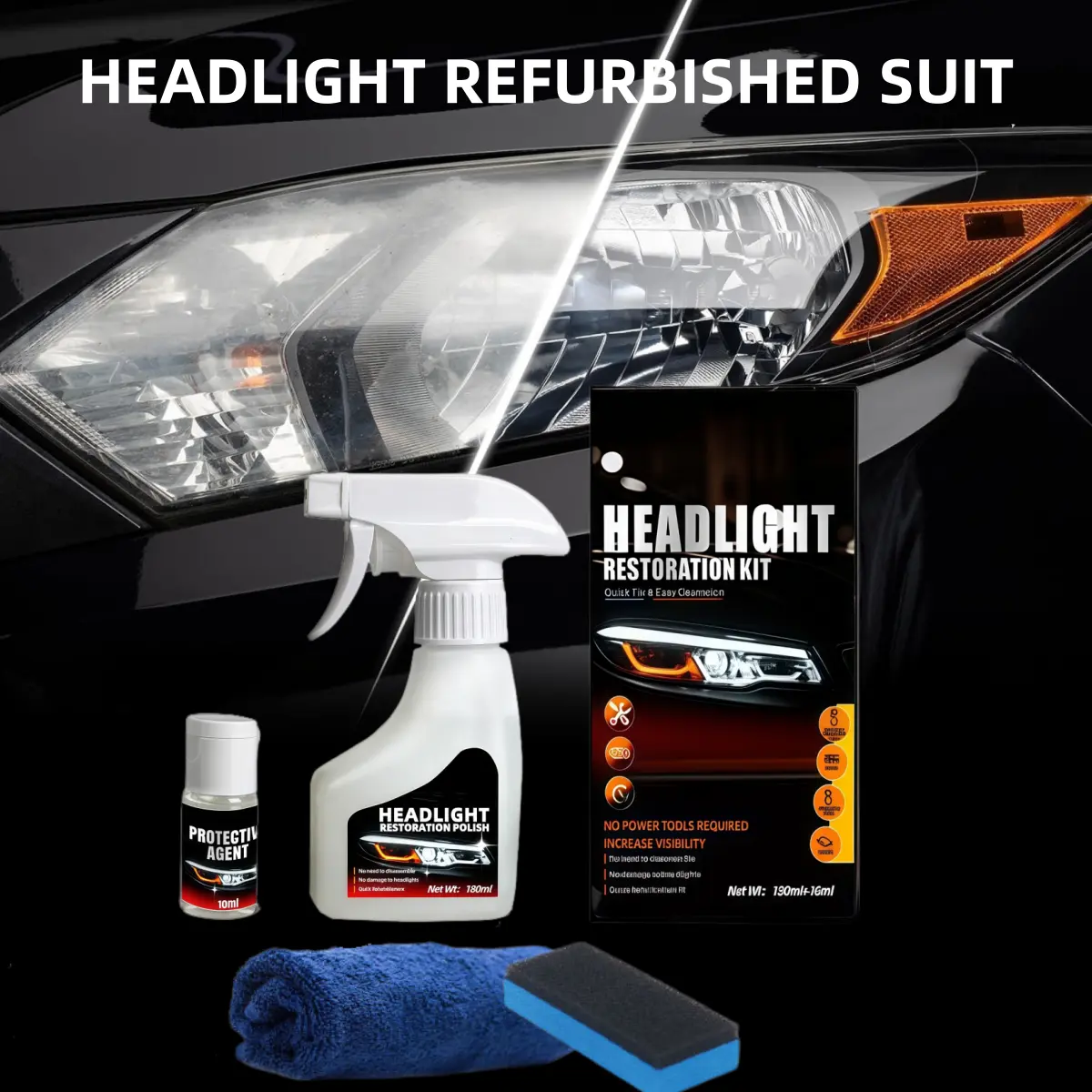 Headlight Cleaner Spray & Restoration Kit – Instantly Restores Cloudy & Yellowed Headlights – Fast Oxidation Removal with UV Protection – No Rubbing Needed – Fits All Cars