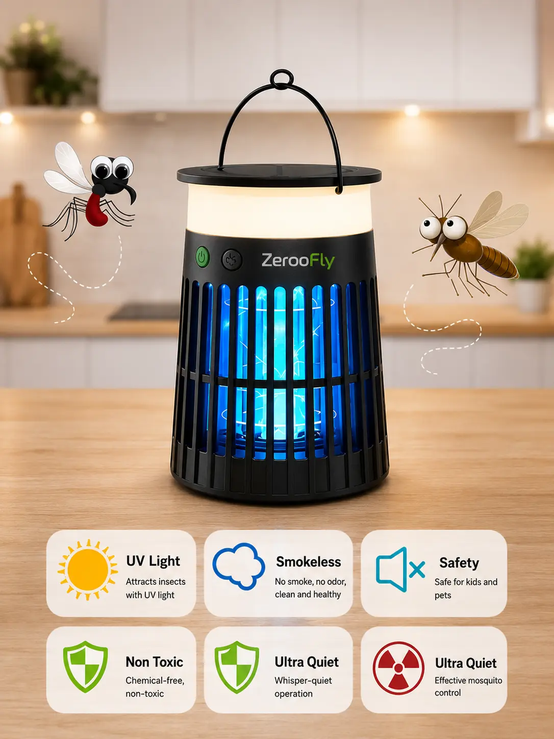 ZerooFly Bug Zapper Solar Indoor/Outdoor with UV Light – Mosquito Killer Lamp for Home, Electric Insect Trap for Flies & Gnats, Plug-in Design, Safe for kids and pets, waterproof, Multi insects killer, Eco-Friendly, Non toxic, No Chemical