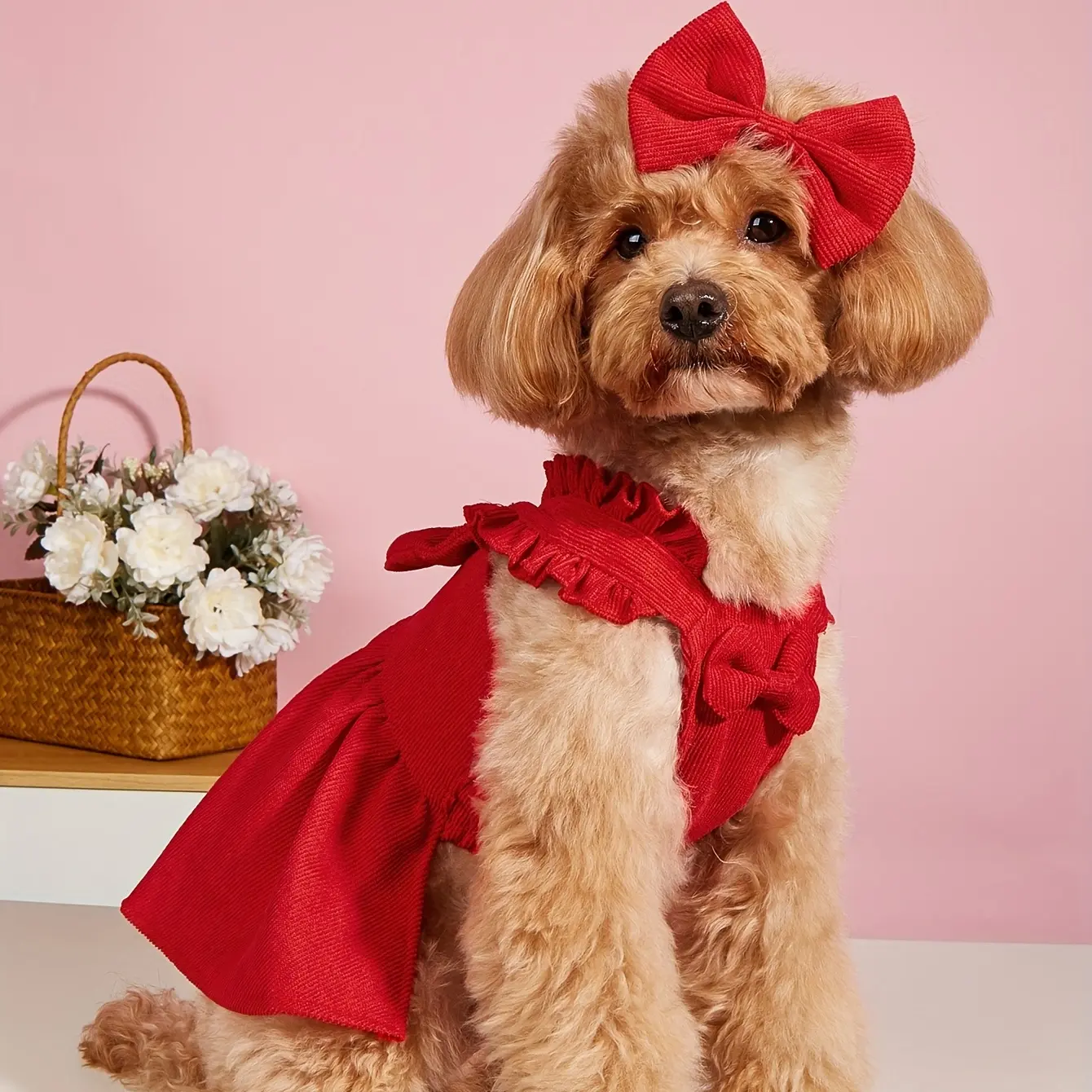 Cute Bow Red Corduroy Dog Dress with Matching Hair Clip - Lightweight All-Season Pet Clothing, Pet Costume for Small-Medium Dogs, Special Occasions, Size S