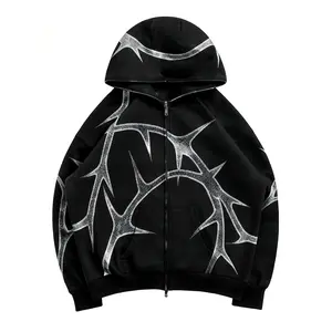 Y2K Loose Zipper Hoodie Retro American Style New Street Trend Unisex Sweatshirt Jacket with Unique Thorn Design Long Sleeve Casual Man