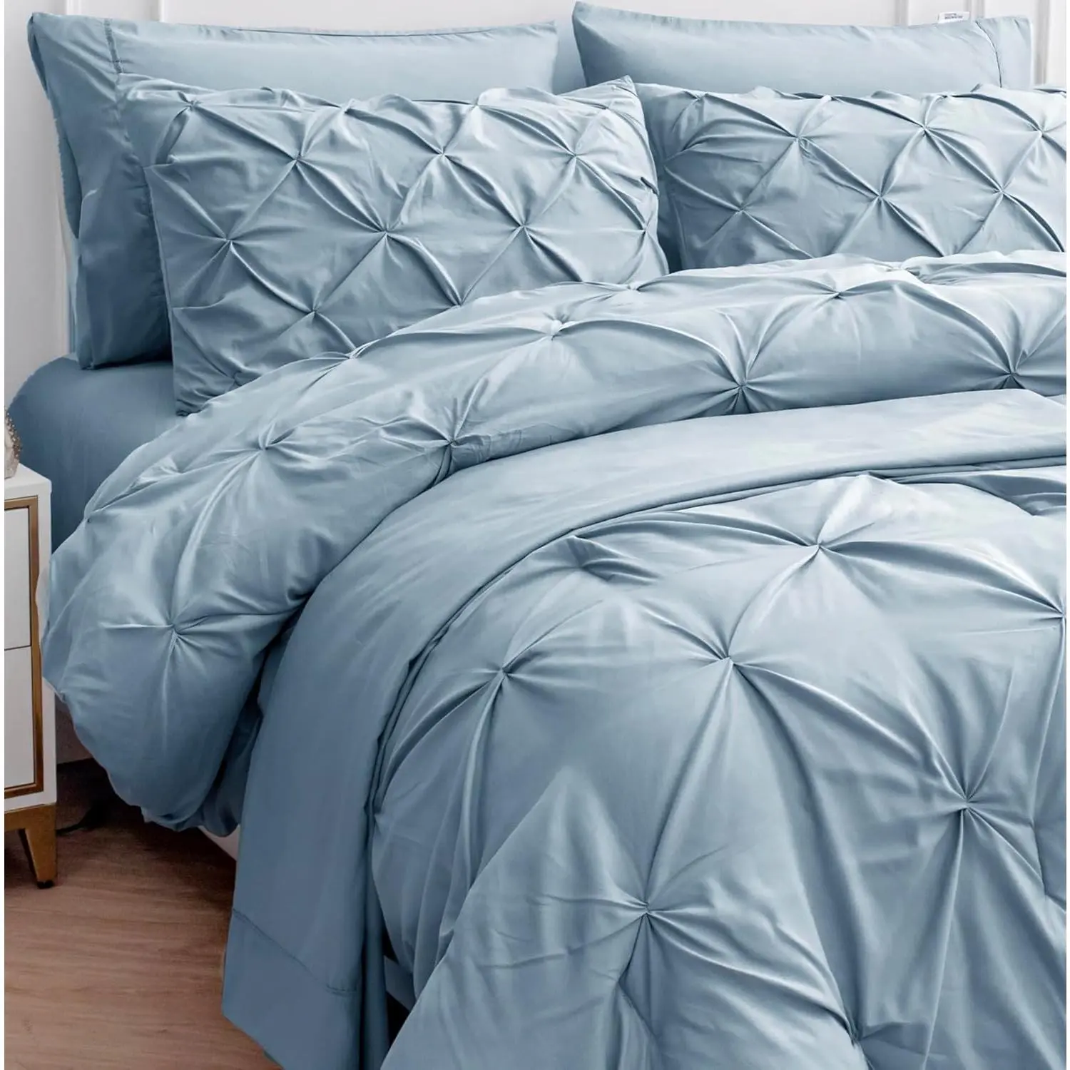 Queen Comforter 7-Piece Bedding Set - Geometric Modern Fluffy Pintuck Microfibre Down Alternative, French Blue with Pillowcases and Shams
