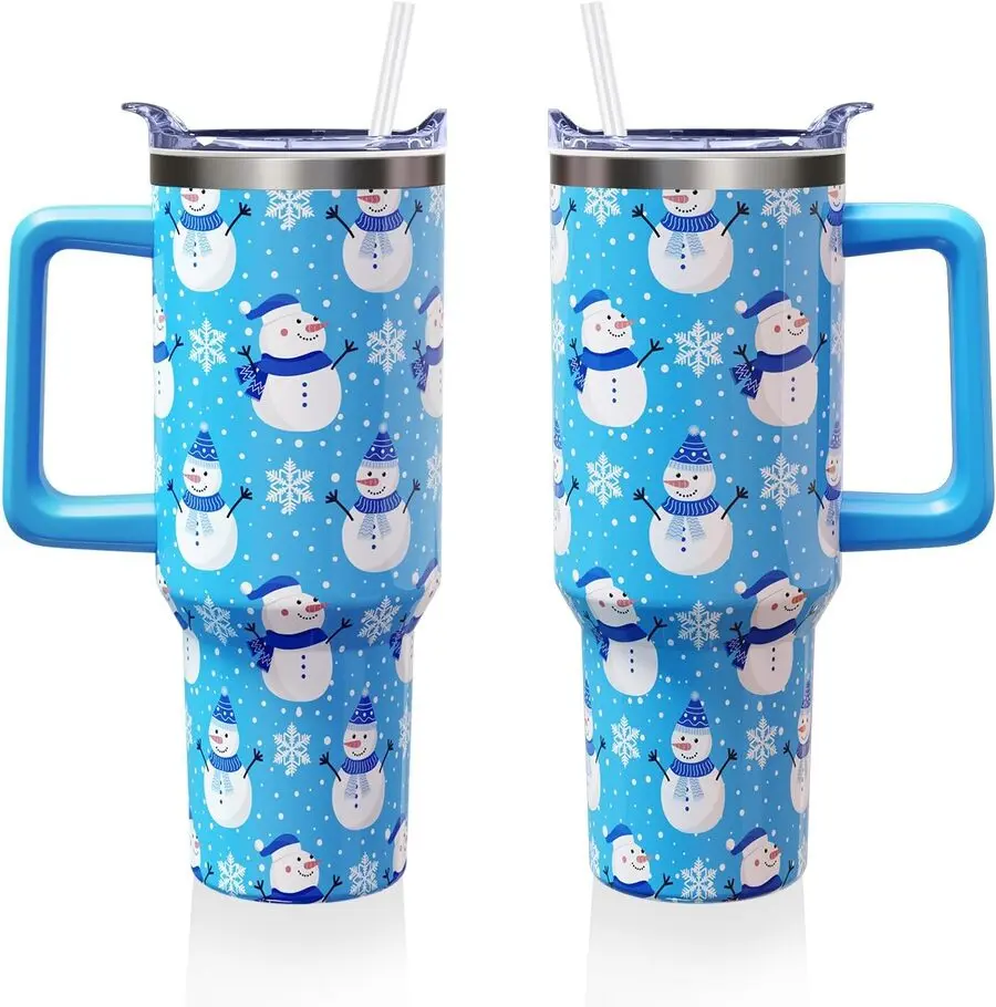 40 oz Stainless Steel Double-Walled Insulated Tumbler Water Bottle - Lid, Handle, Straw Included - Portable Christmas Snowman Winter Holiday Travel Mug, Drinkware Gift for Women (1PC), Water Bottles, Bottles
