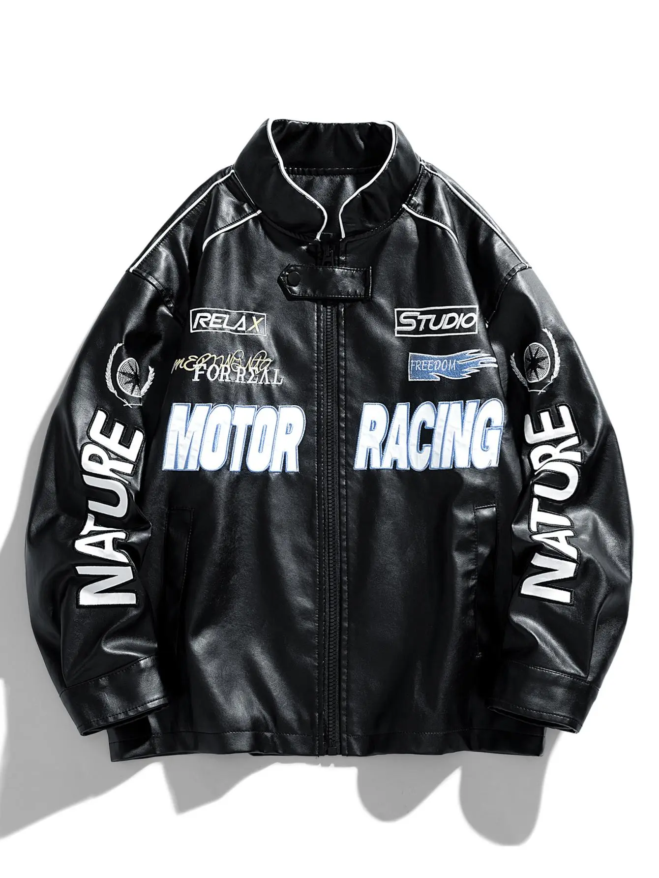 Men's Leather Jacket Spring Autumn Winter Stand Collar Trendy Fashion Motorcycle Embroidered Leather Coat