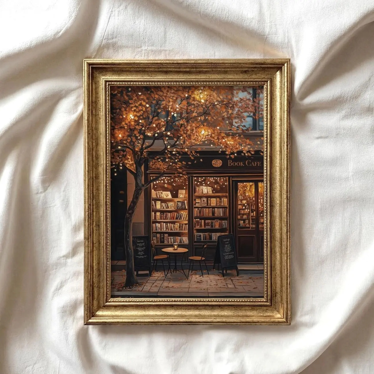 Autumn Coffee Shop Wall Art, Moody Bookstore Print, Cozy Fall Cafe Decor P