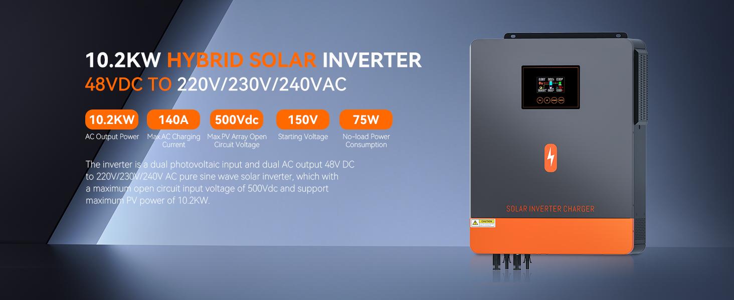 【EU Standard Voltage】PowMr 10200W Solar Hybrid Inverter 48V DC to 220V/230V AC, Pure Sine Wave, 50Hz/60Hz, Batteryless support, Built-in 160A MPPT Controller for Home RV Off-Grid System, work with 48V Lead Acid and Lithium Battery