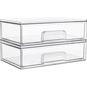 12.1inch Wide transparent stackable storage drawers, 2-piece set of acrylic plastic storage boxes, suitable for cosmetic trays, cosmetics, and beauty products, ideal for organizing dressing tables, bathrooms, cabinets, and desks
