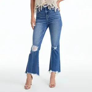 GreatValue High-Wasted Wide-Leg Ripped Pants Spring Summer Denim Casual Jean Womenswear Bottom Dress Elastic Style Fabric Cotton Streetwear Trouser