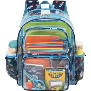 Clear Backpack for Boys, 15 Inch Heavy Duty Transparent Bookbag for  to 2nd Grade, PVC See Through Daypack with Reflective Straps, Fits Standard Folders, Blue Space Astronauts