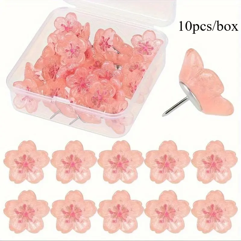 10pcs/box Pink Sakura Flower Pushpins - Decorative ABS Resin Thumb Tacks for Photos, Postcards & Notes, Message, Paper