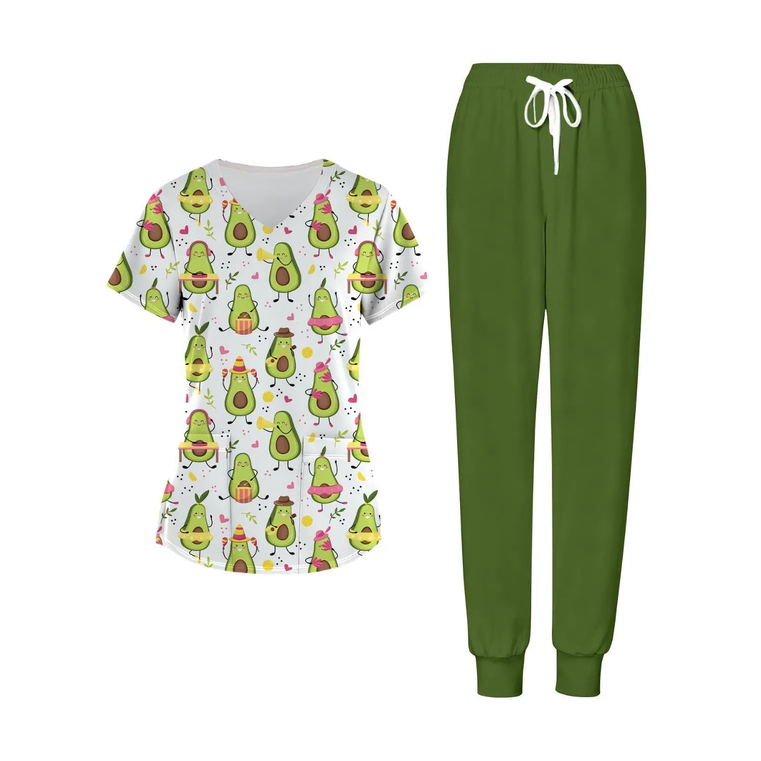 Avocado-Themed V-Neck Short Sleeve Top and Long Pants Nursing Uniform Set - Perfect for Work and Casual Wear