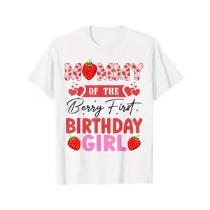 Fitted Round Neck Streetwear T-Shirt for Mommy of 1st Birthday Girl - White Short Sleeve 100% Cotton Soft Breathable Casual Top with Strawberry & Heart Graphic, Machine Washable for Birthday Party & Casual Attire, Retro Vintage Metalcore Double Print
