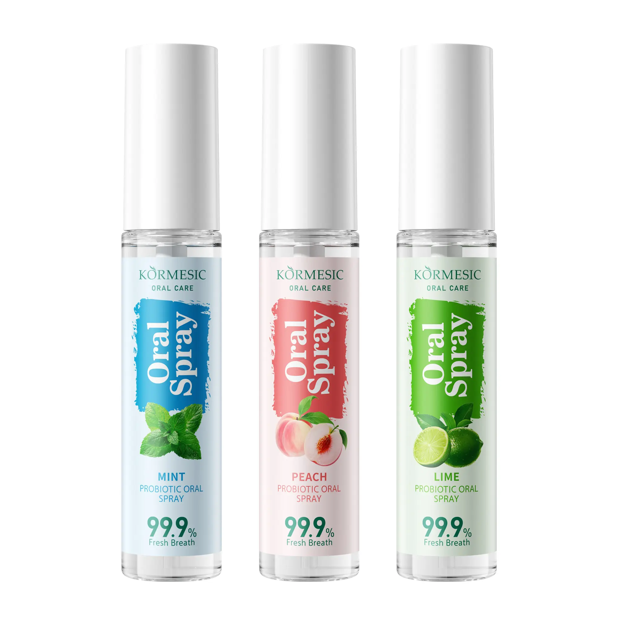 KORMESIC Probiotic Oral Care Spray, 99.9% Bad Breath Removal, Minty Fresh Mouth Freshening, Fresh Mint/Peach/Lime Flavors, Gentle Formula, Portable Travel Daily Use, Fresh Breath