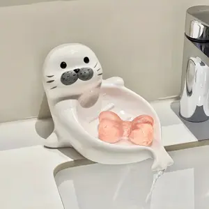1Pc Ceramic Seal Soap Dish, Cute Cartoon Seal Shape, Punch-Free Bathroom Soap Holder, Draining Soap Tray for Shower & Bathroom Storage Decor