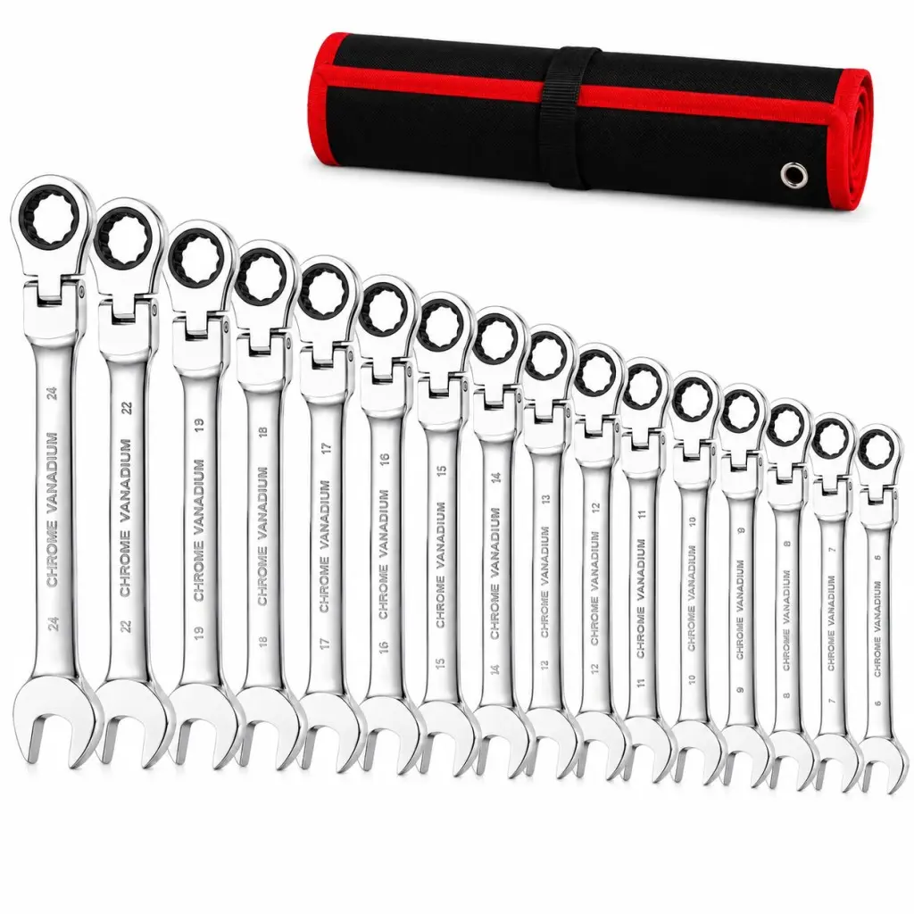 72-Tooth Ratchet Wrench Set, 16PCS Full-Size Metric & Imperial, 6-24mm & 1/4"-15/16", Extended Design, Chrome-Vanadium Steel, Rolling Storage Bag, Mechanic Tool Kit